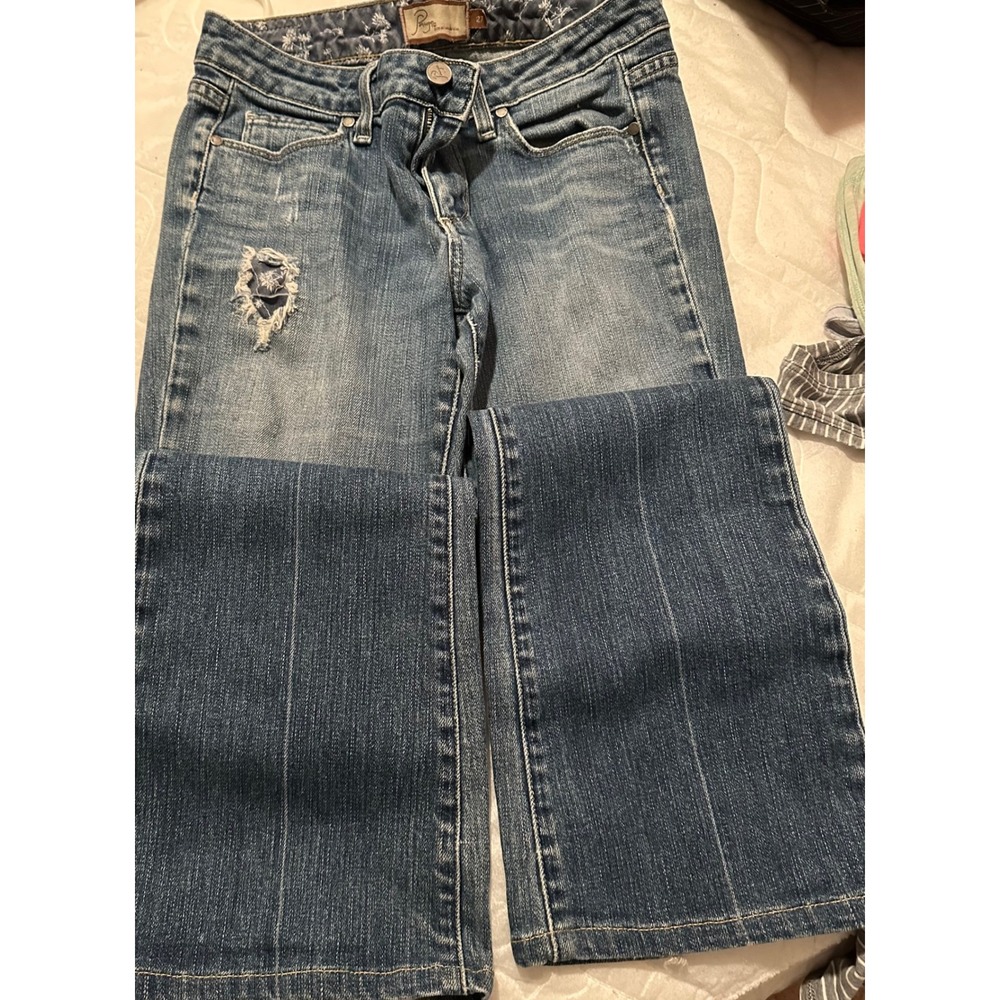 Paige Hollywood Hills Classic Rise Bootcut Jeans Distressed Medium Wash Size 27